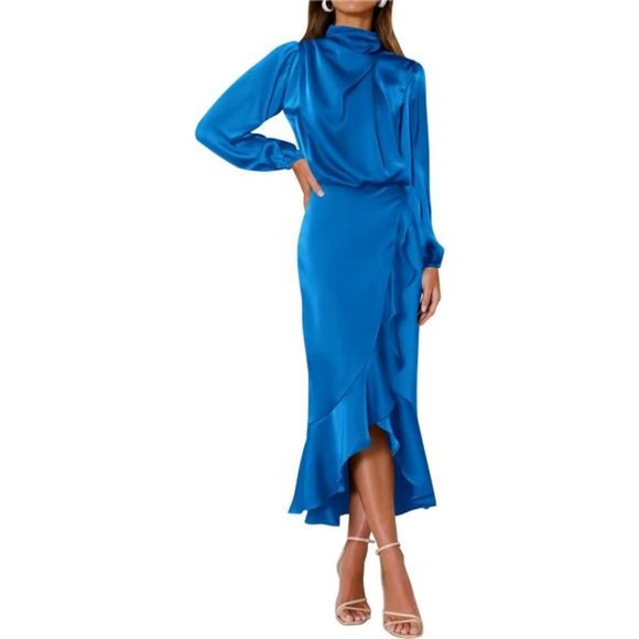 Mock Neck Gathered Sleeve Ruffle Dress main image 1